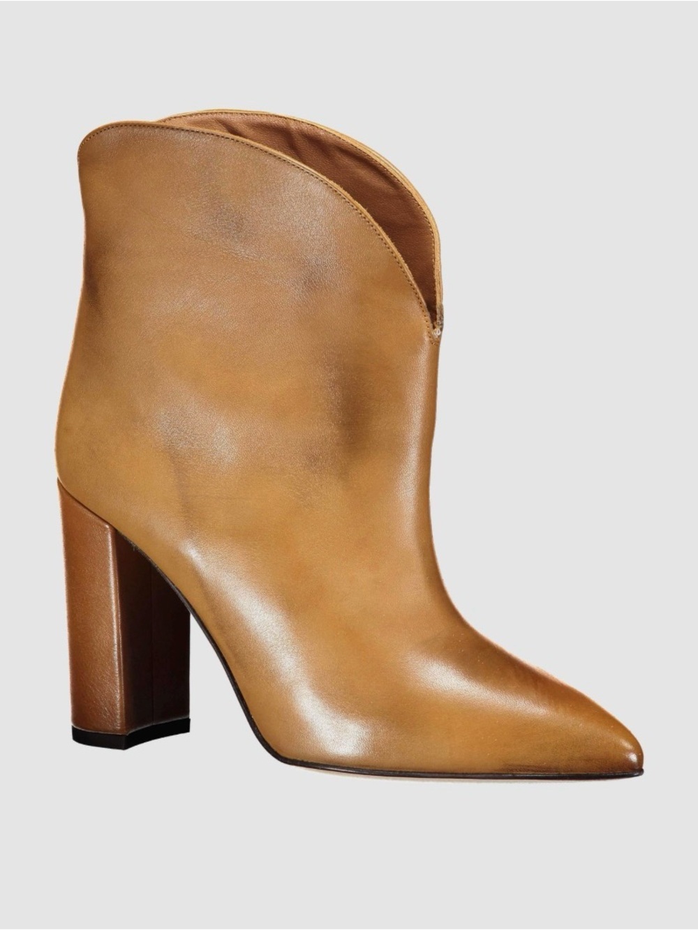 Paris Texas Distressed Bootie, Tan Leather Pointed-Toe Block Heel Ankle Boot